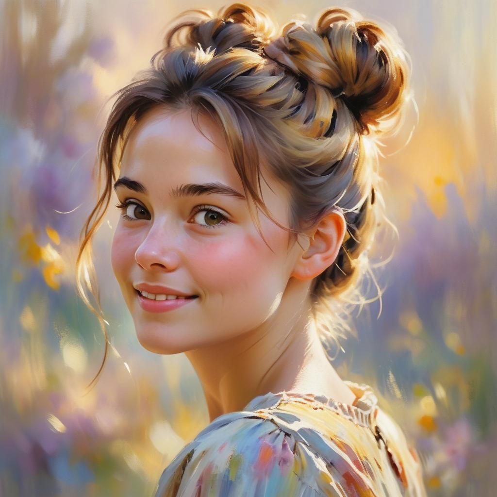 Romantic Impressionist Portrait of Woman with Messy Bun