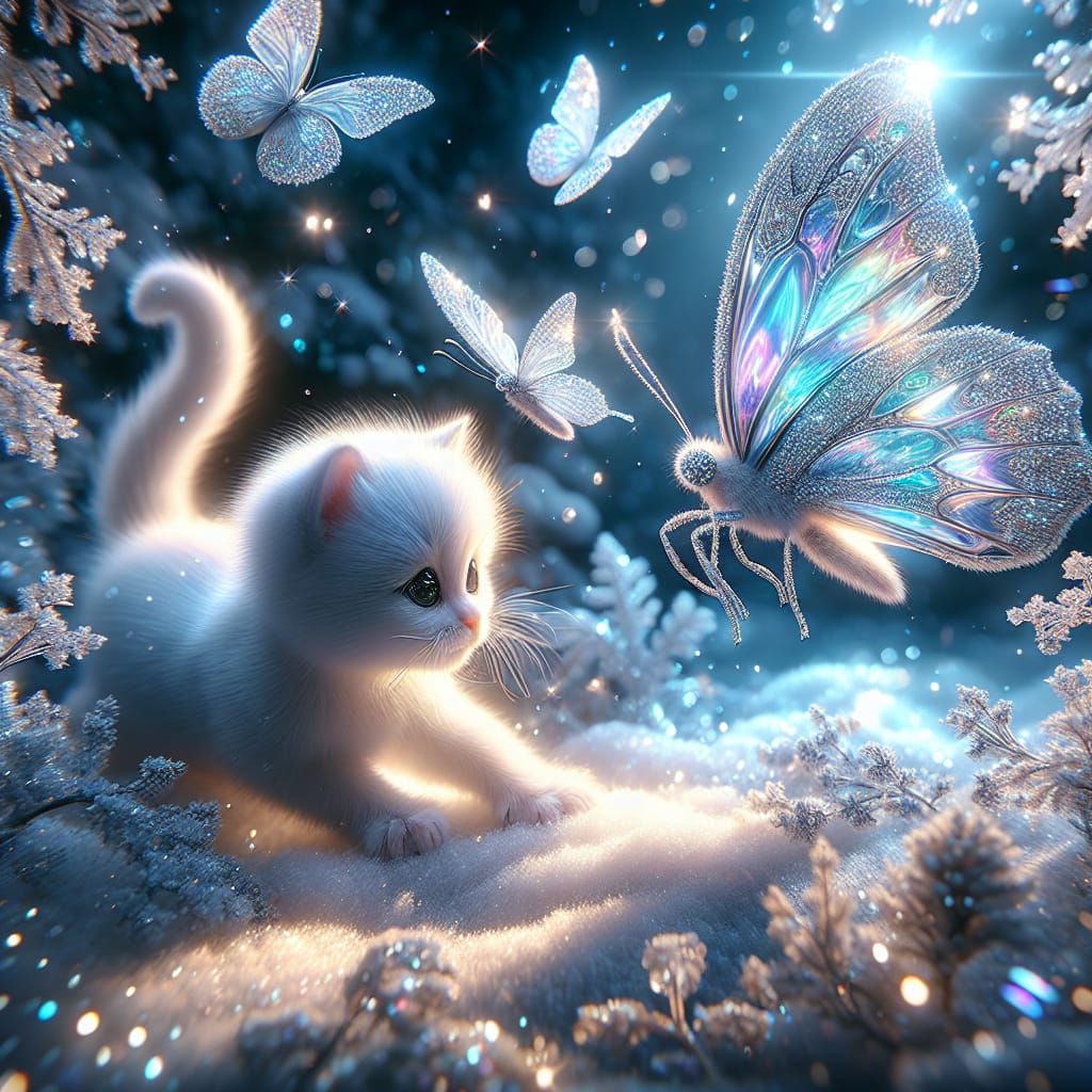 Mischievous Kitten and Prismatic Butterflies in Snow