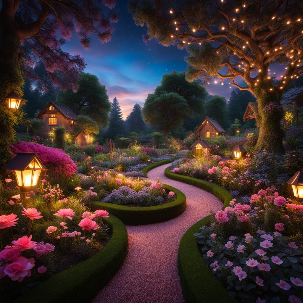 Enchanted Garden at Dusk with Fairies and Fireflies