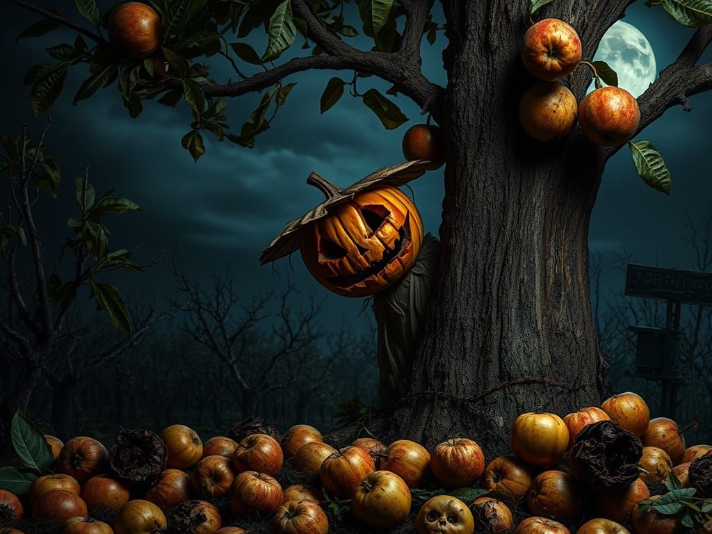 Scarecrow Monster in Moonlit Orchard