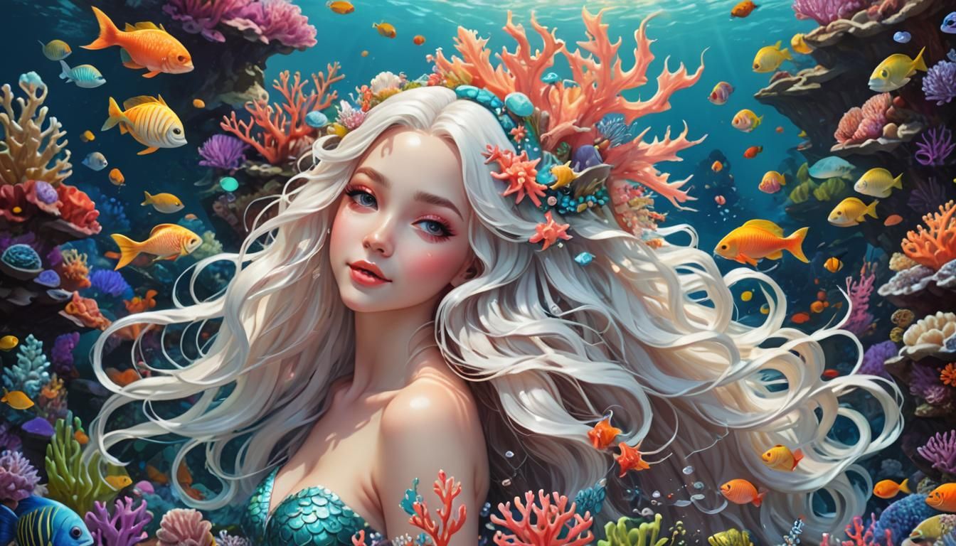 Beautiful Mermaid in Fantasy Undersea Landscape