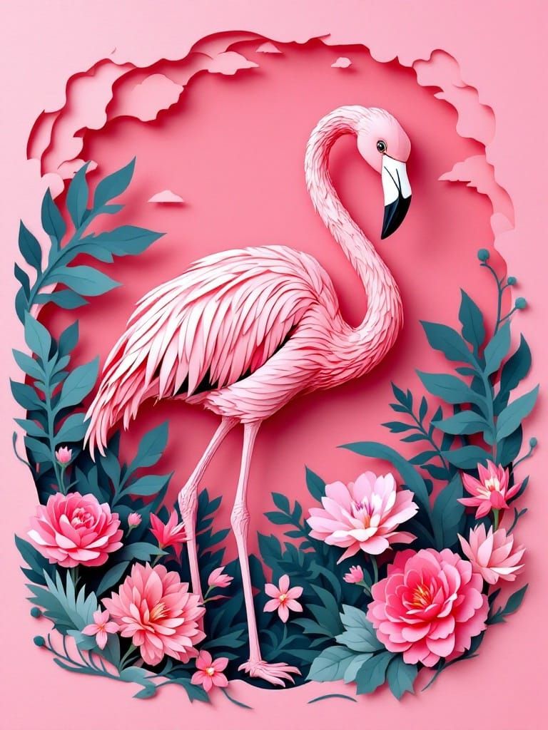 Pink Flamingo in Gentle Wind, Paper Cut Art