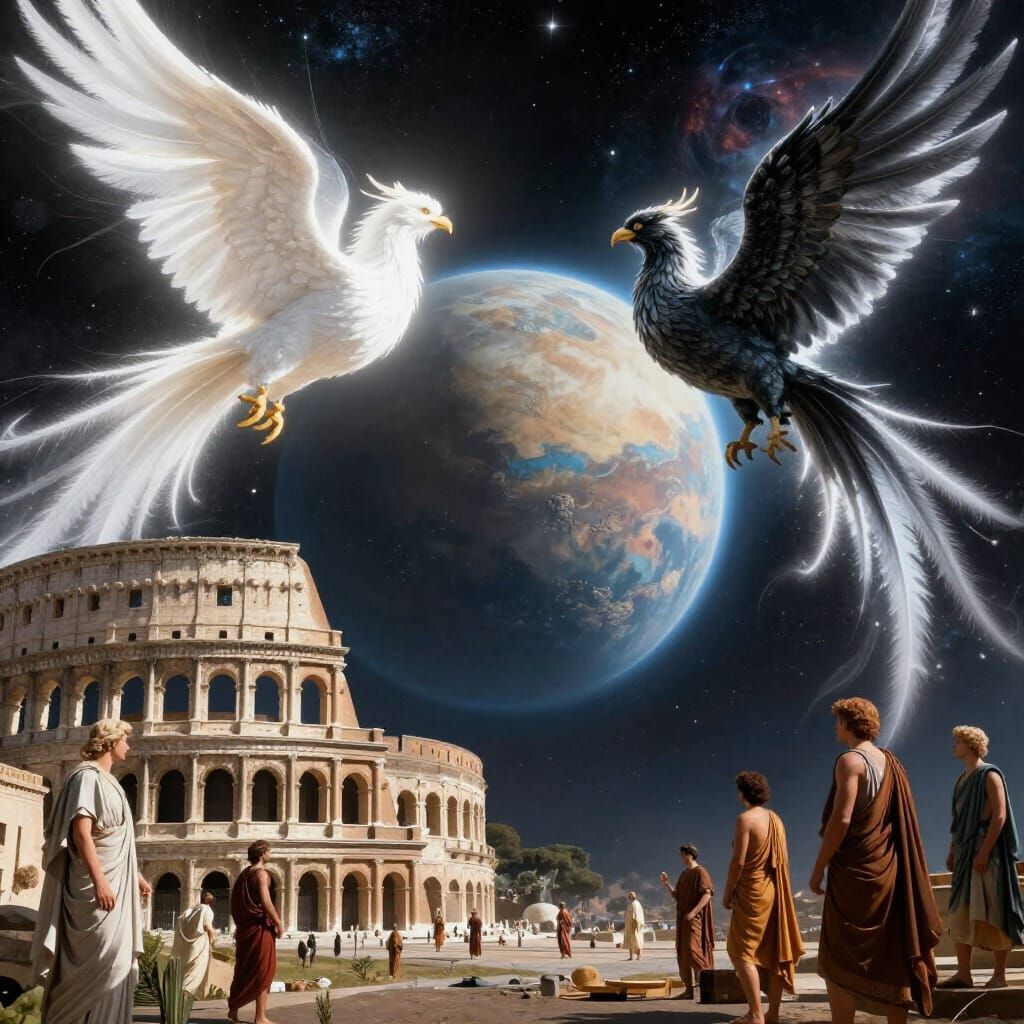 Roman Planet Orbits Between Cosmic Phoenixes in Digital Matt...