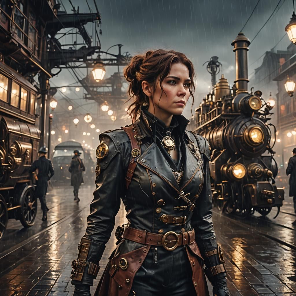 Steampunk Sci-Fi Protagonist in Rainy Cityscape