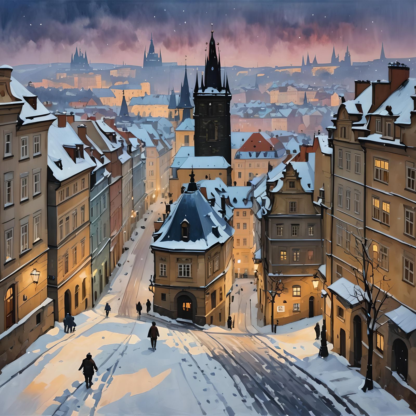 Prague Street in Snow: A Gouache Painting