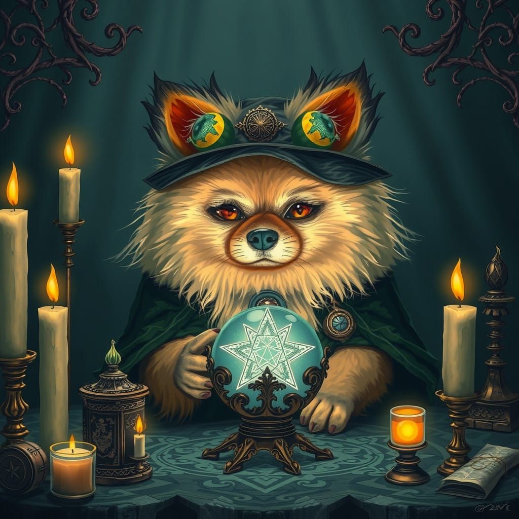 Surreal Fortune Telling Pomeranian in Mysterious Art Studio