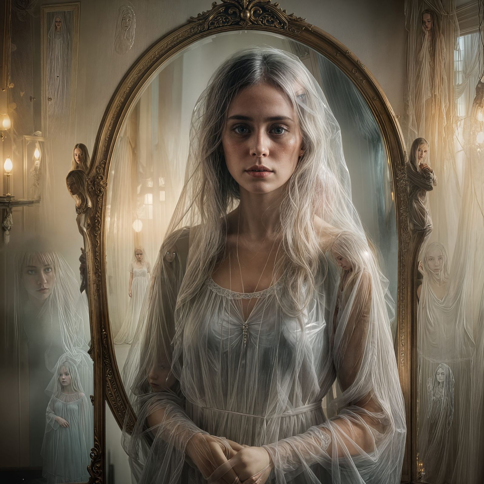 Lonely Ghost Gazing into Mirror Reflecting Life