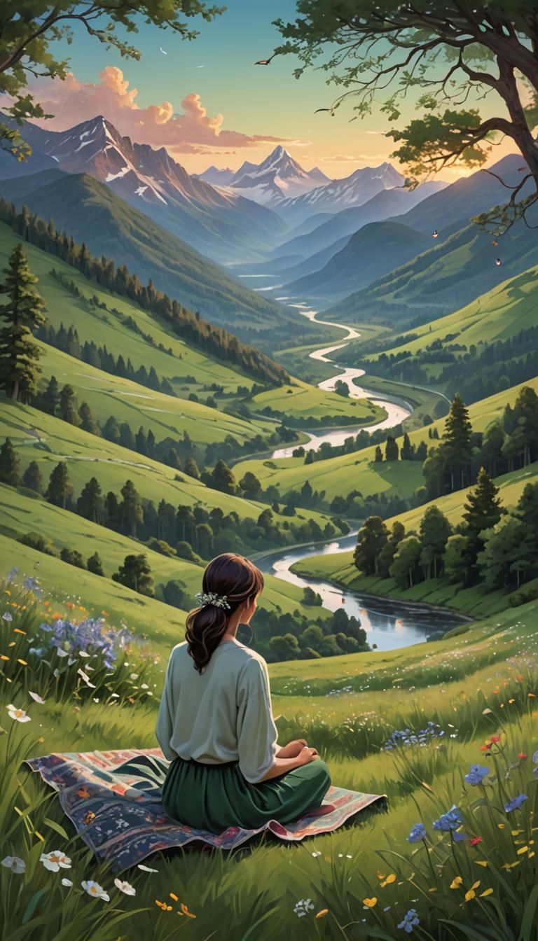 Contemplative Woman in Mountain Valley, Watercolor Style