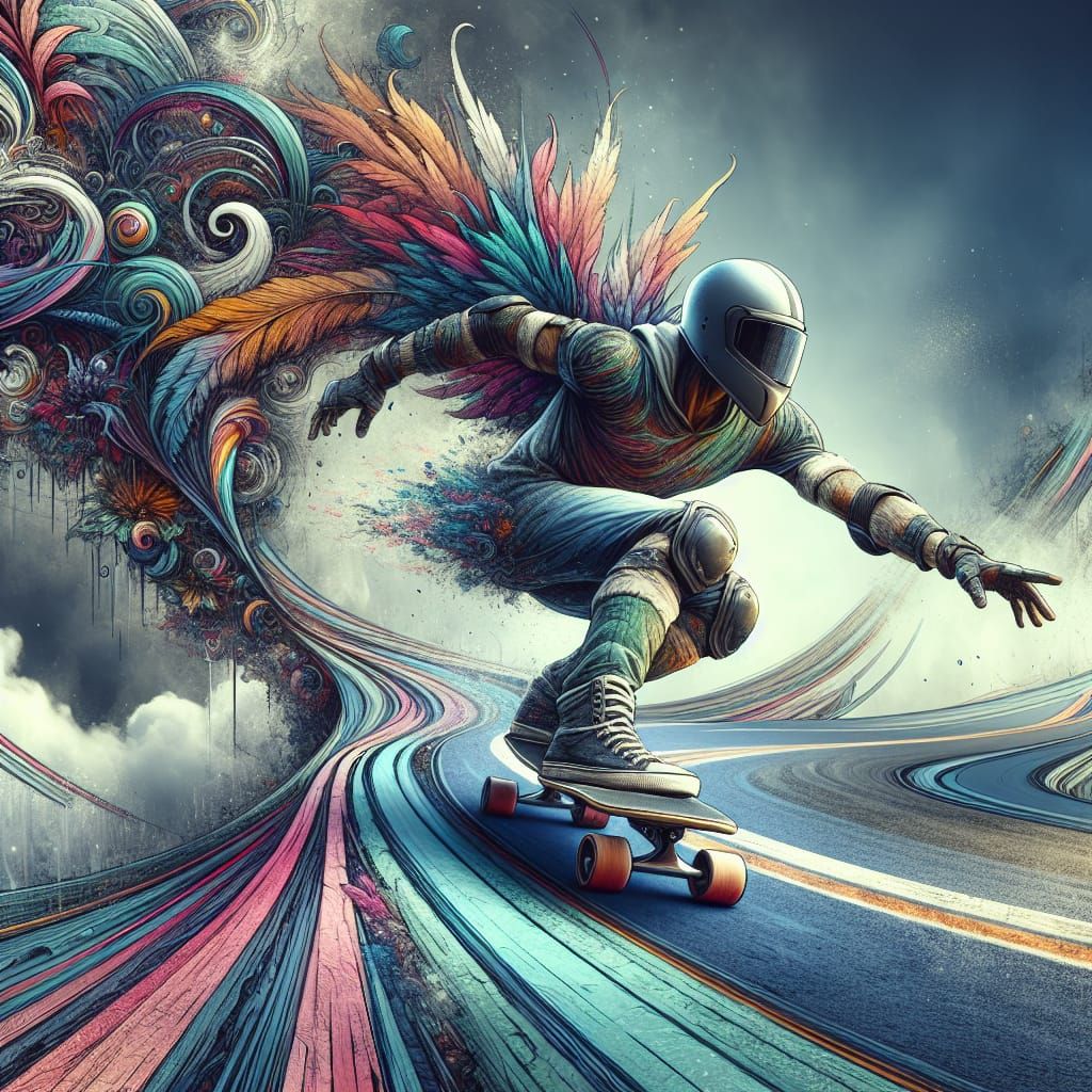 Skateboarder on Curved Road in Fantasy Style