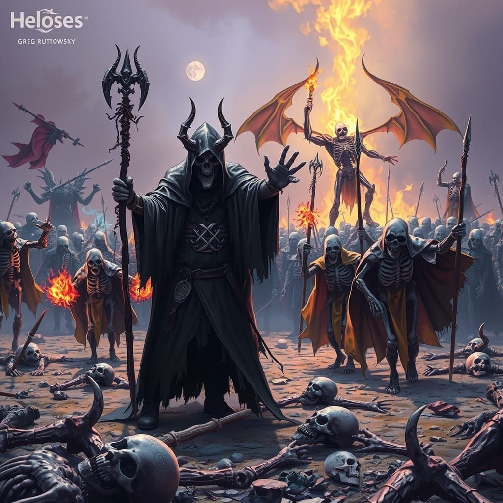 Necromancer Commands Skeleton Army in Dark Fantasy Scene