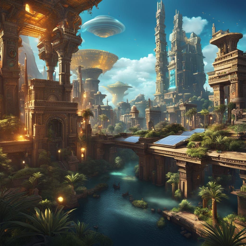 Surreal Solarpunk Oasis in Ancient Egyptian Cityscape