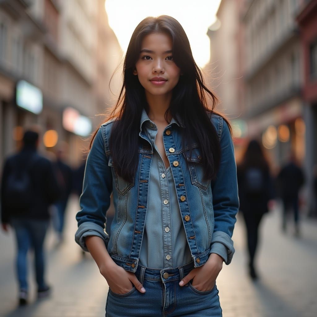 Hyperrealistic Woman on Busy City Sidewalk