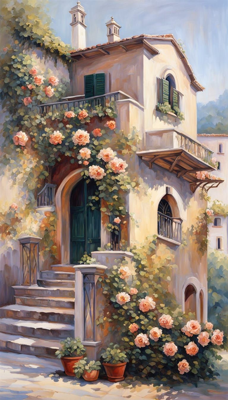 Renaissance Building with Roses in Oil Painting Style