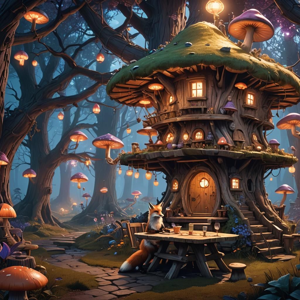 Fox in Mushroom Fairy House, Fantasy Concept Art