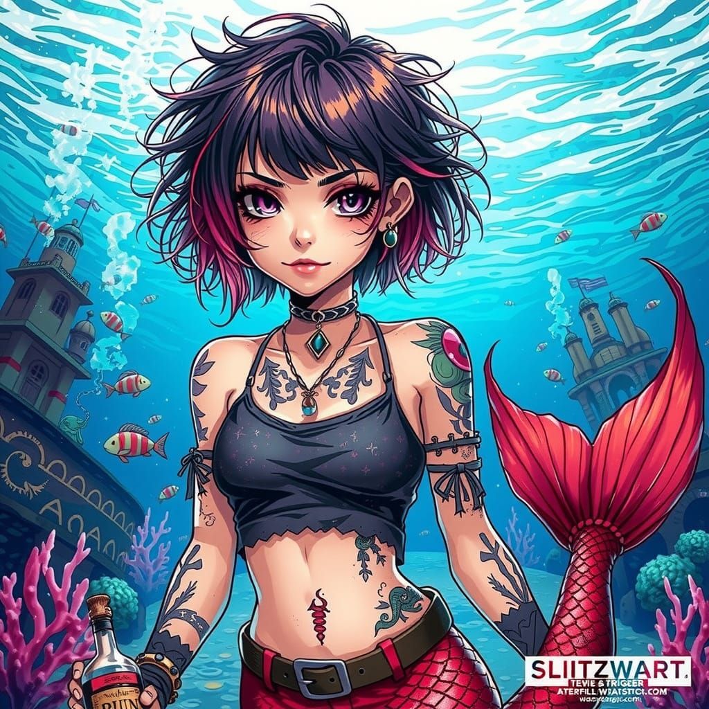 Emo Mermaid Woman in Underwater World with Fish and Coral