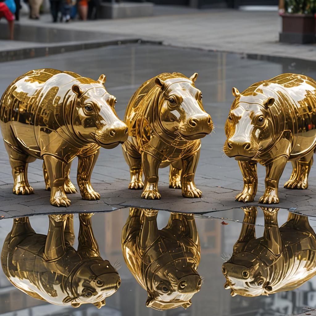 Transparent Golden Hippo Statue in Mirrors