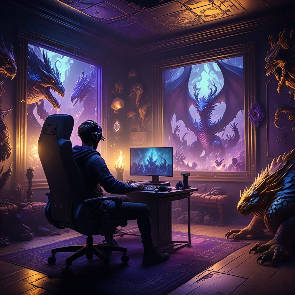 Gamer in Virtual Room Filled With Fantasy Creatures