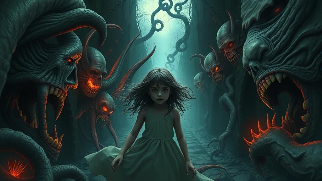 Nightmarish Dream Girl Lost in Surreal Labyrinth