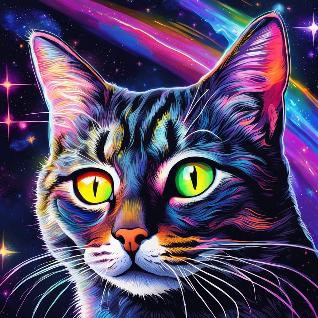 Cosmic Tabby Cat Portrait in Neon Colors