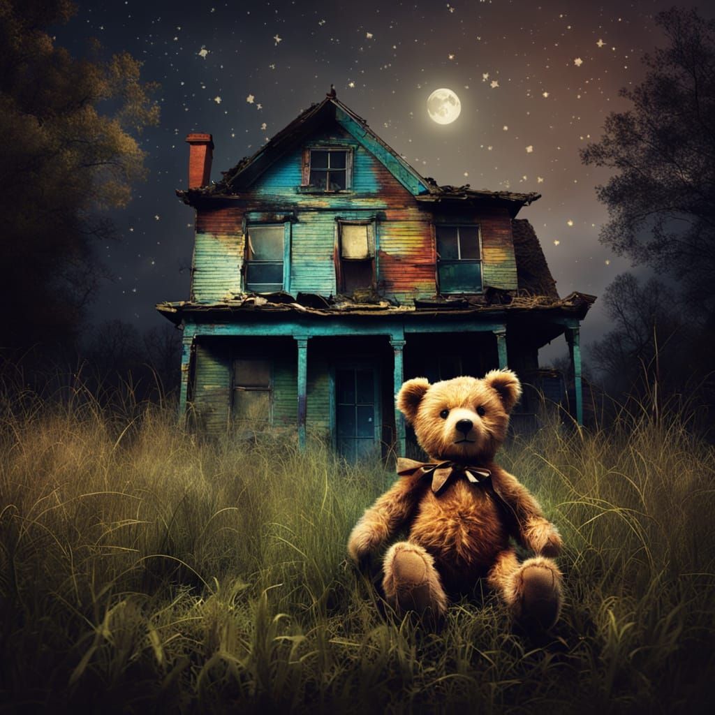 Dilapidated Vintage House at Night with Teddy Bear