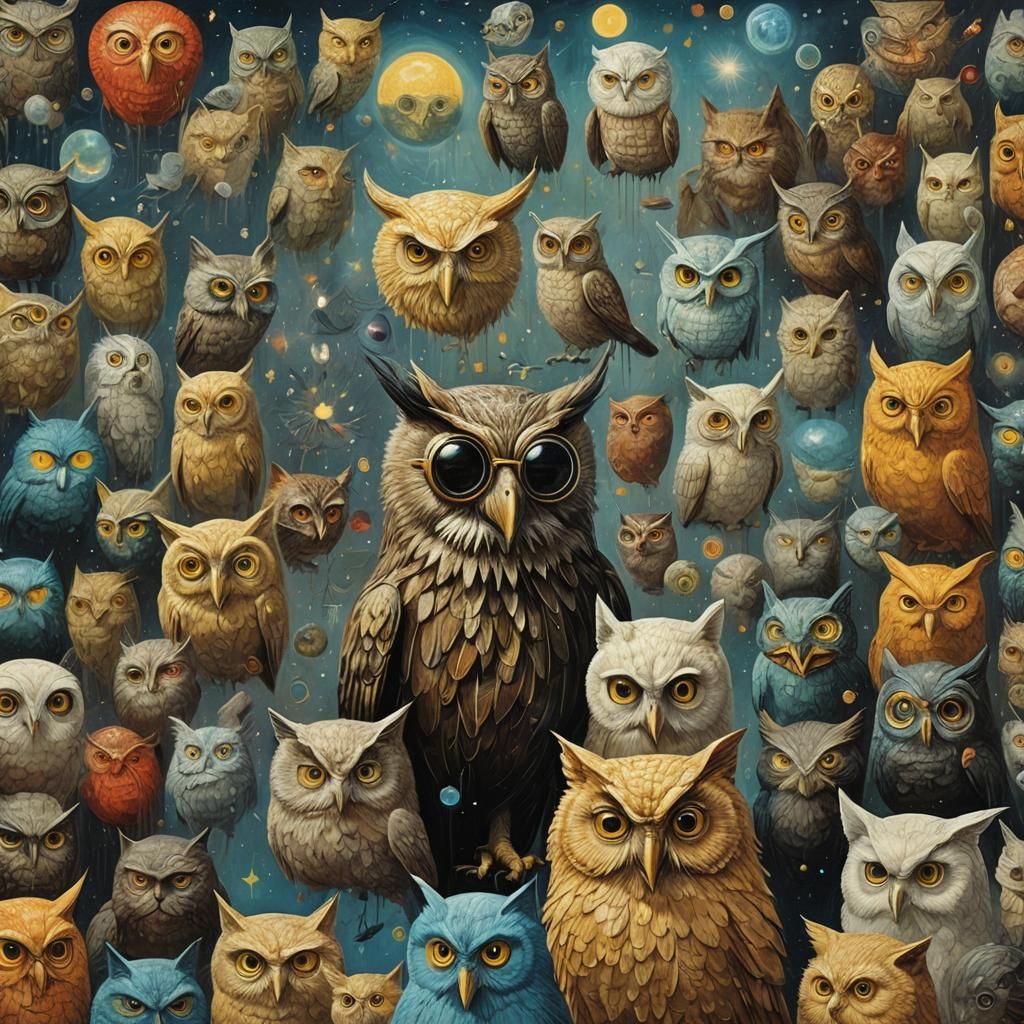 Owl Namaste in Surrealist Style with Stars