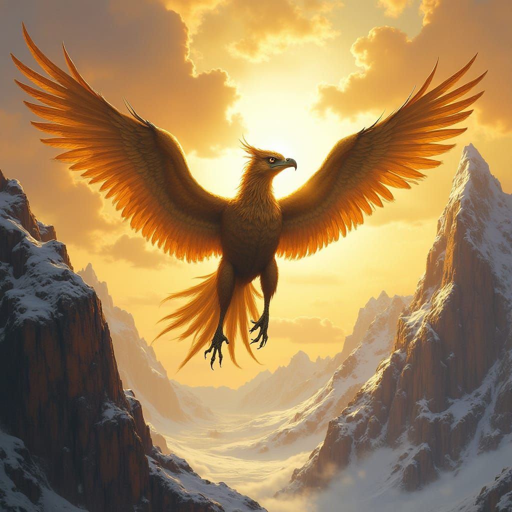 Griffin Soaring Through Sunlit Mountain Sky