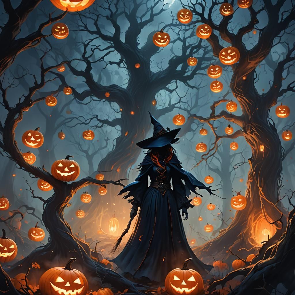 Mystical Witch in Forest of Glowing Jack-o-Lanterns