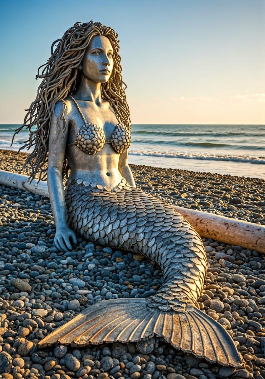 Majestic Mermaid Sculpture Emerges from Driftwood and Pebble...