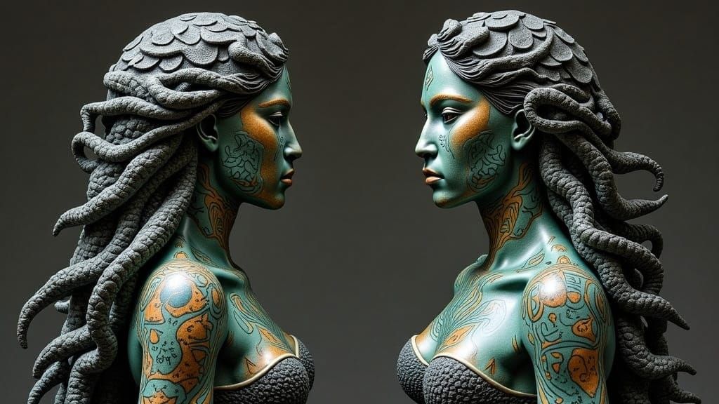 Ornate Mermaid Statues with Phoenician Tattoos