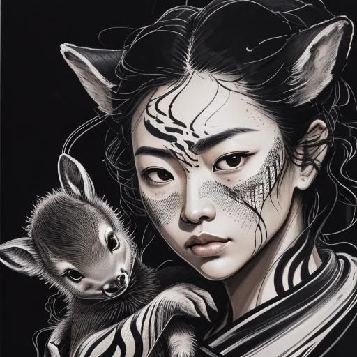 Asian Woman Protects Fawn with Expressive Ink Art