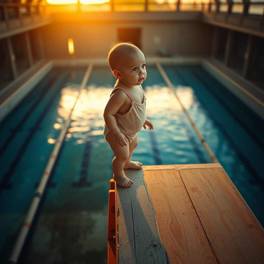 Baby on Diving Board in Hyperrealistic Style