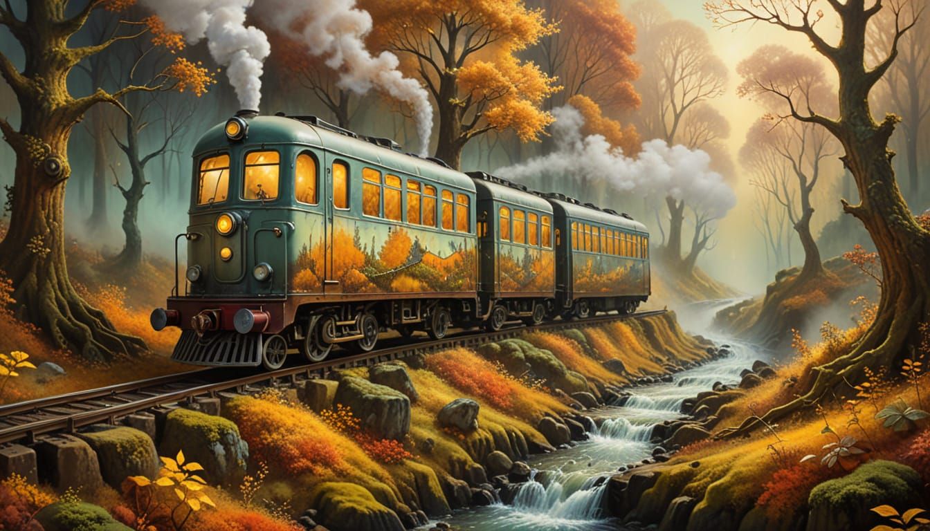 Surreal Train Journey Through Autumn Trees in a Mug