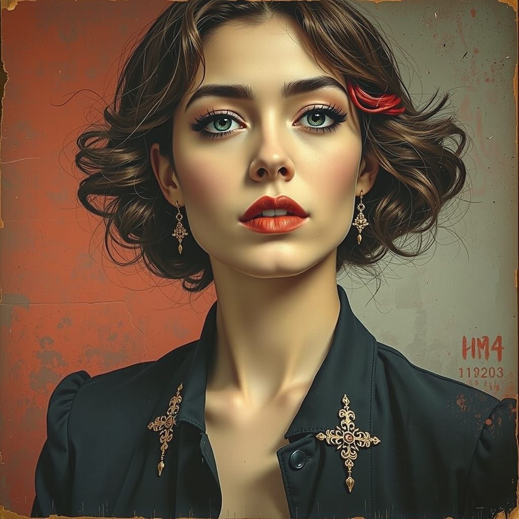 Black and White Portrait of Woman with Crimson Streak