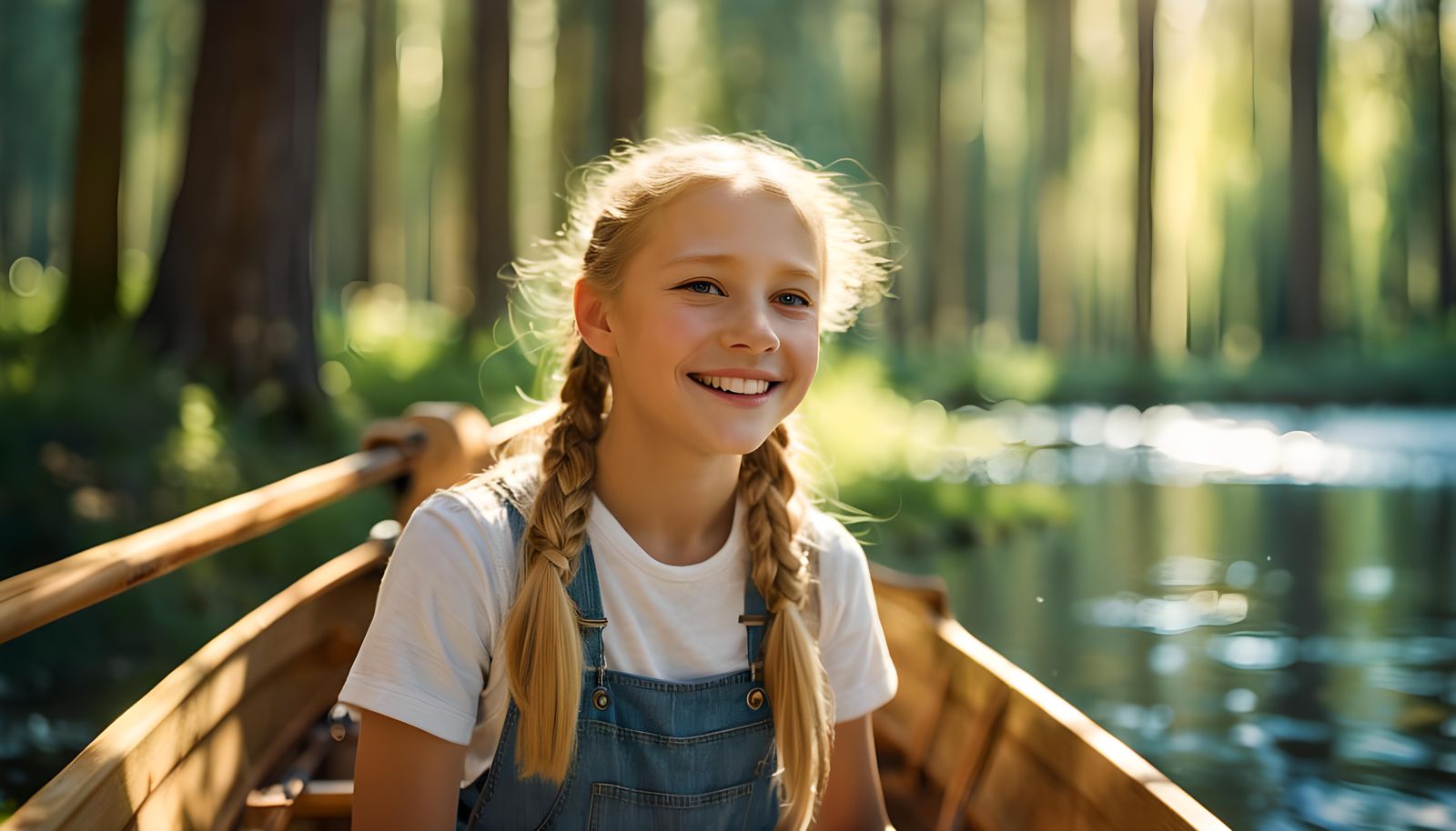 Smiling Girl in Rowboat on Peaceful Lake Photo