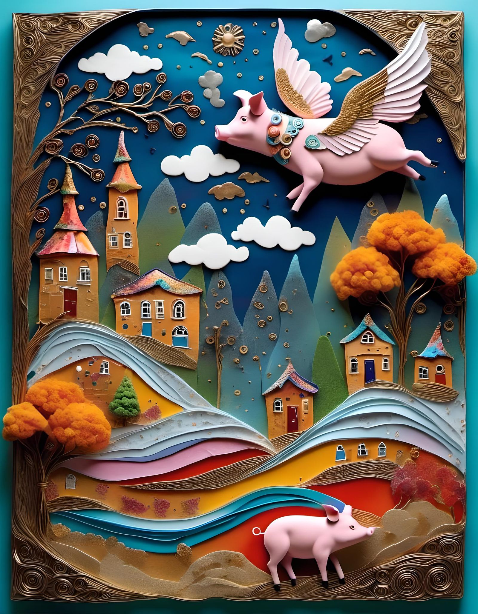 Flying Pigs Over Village in Mixed Media Style