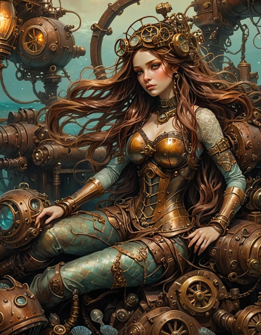 Steampunk Mechanical Mermaid Reclining on Shipwreck