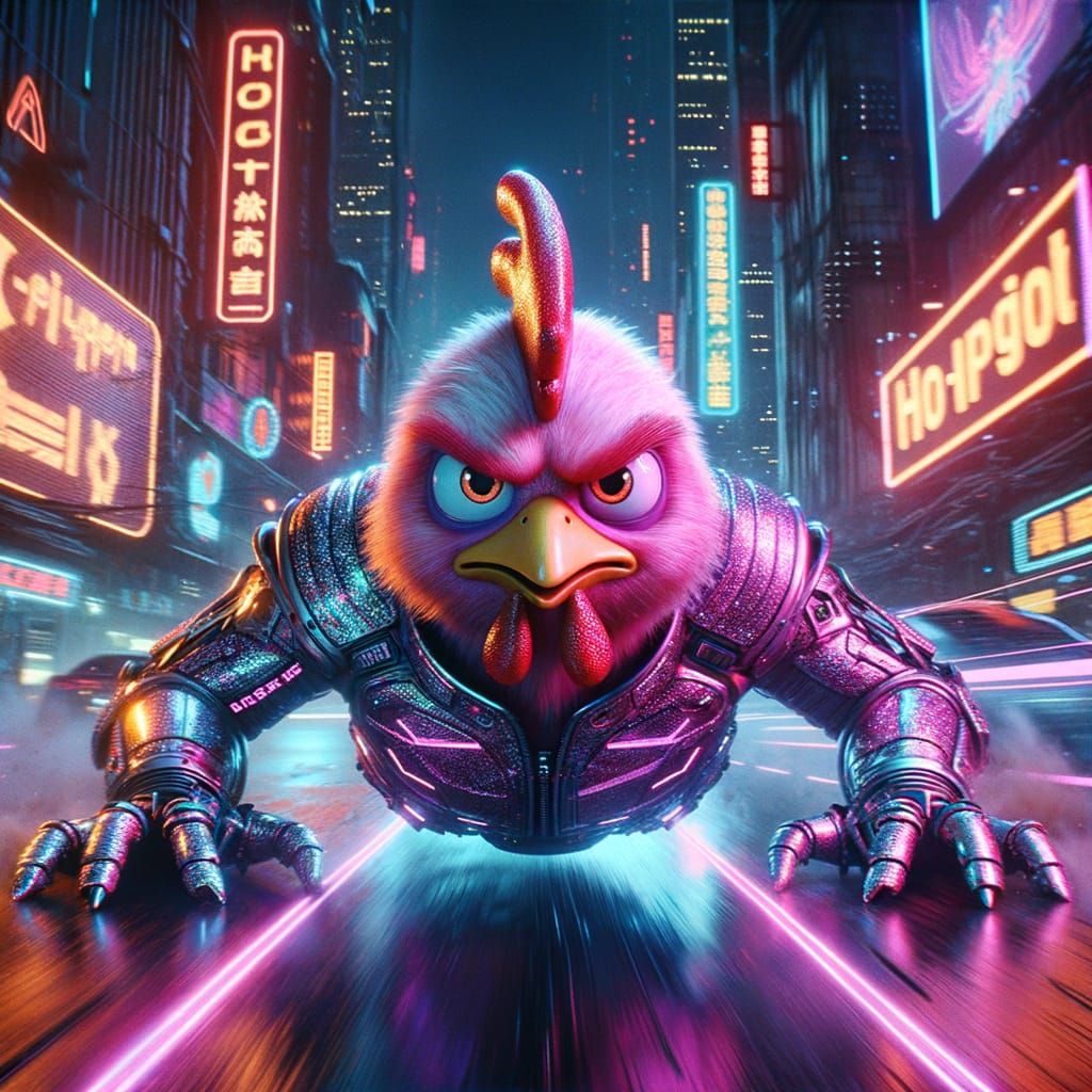 Cyberpunk Armored Chicken in Futuristic City
