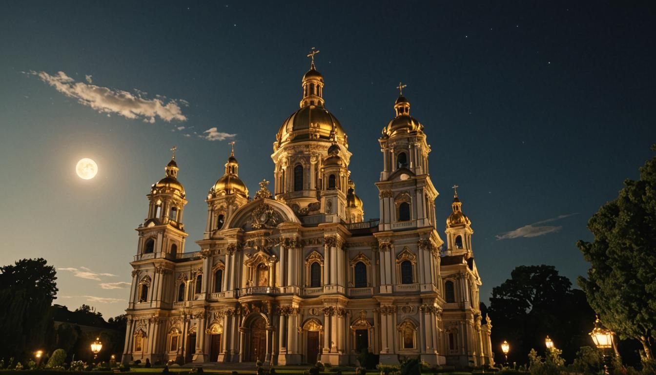 Ornate Church in Moonlit Garden: Baroque Architecture