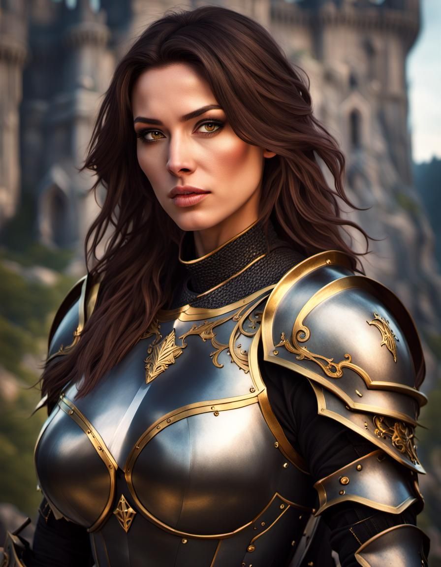Brunette Knight in Black Armor at Golden Hour