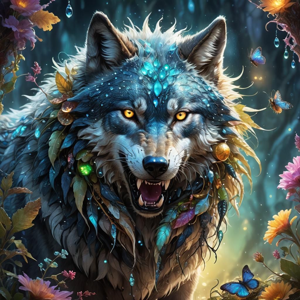 Wolf and Leech-Caterpillar Portrait in Fantasy Style