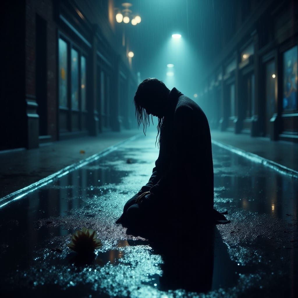 Melancholic Figure in Rain, Cinematic Digital Art