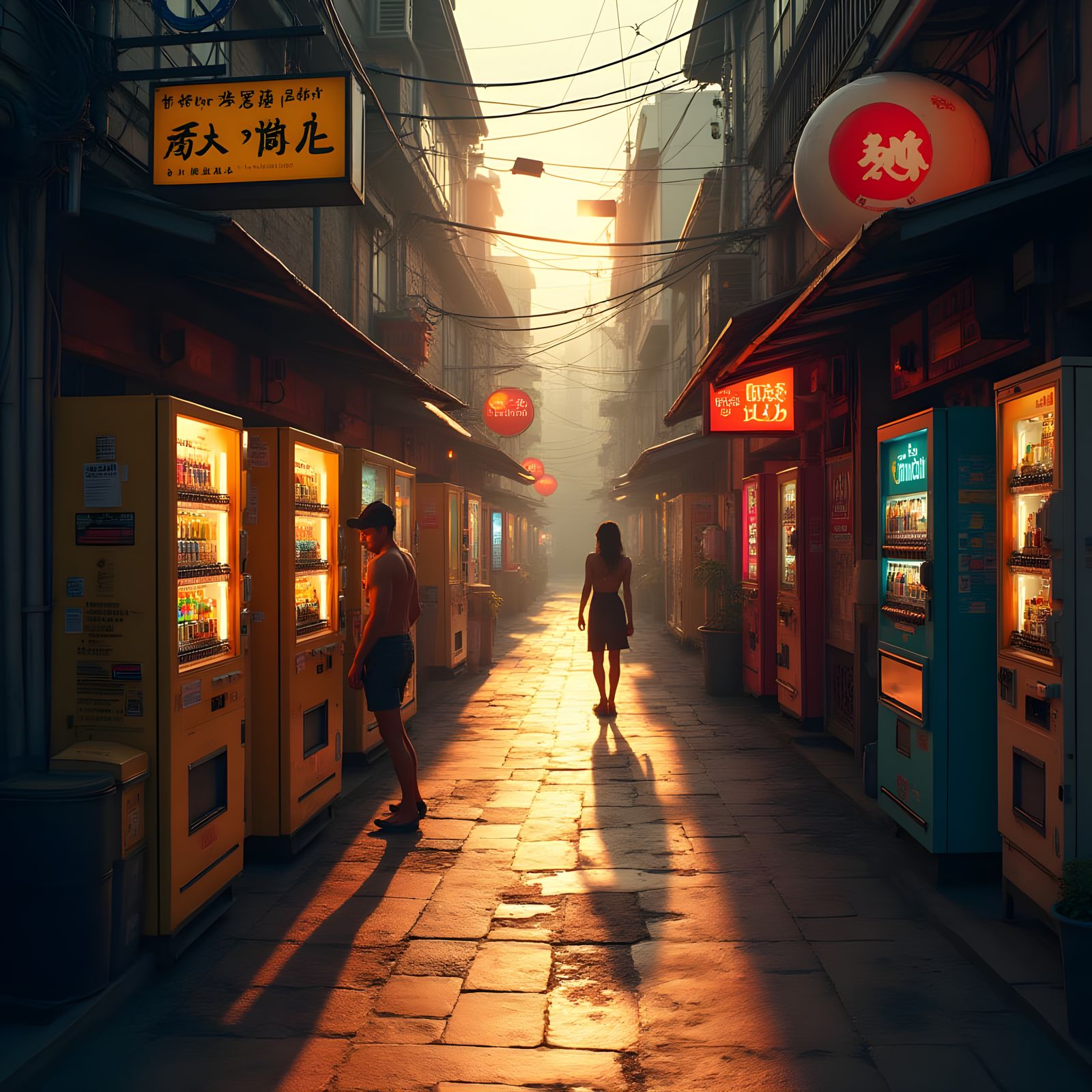 Cyberpunk Alley: Bird's Eye View in Golden Light