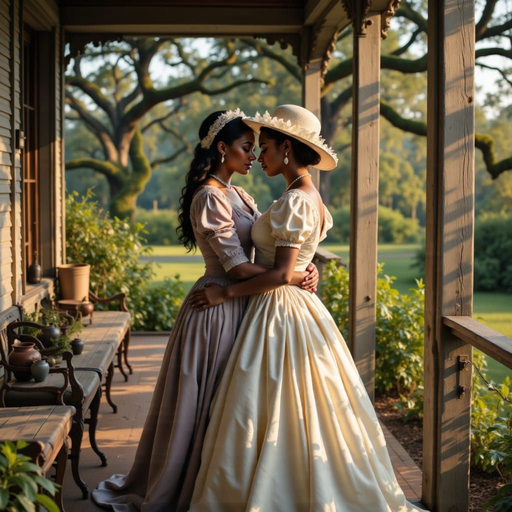 Southern Belle Embraces Her Friend in Antebellum Setting