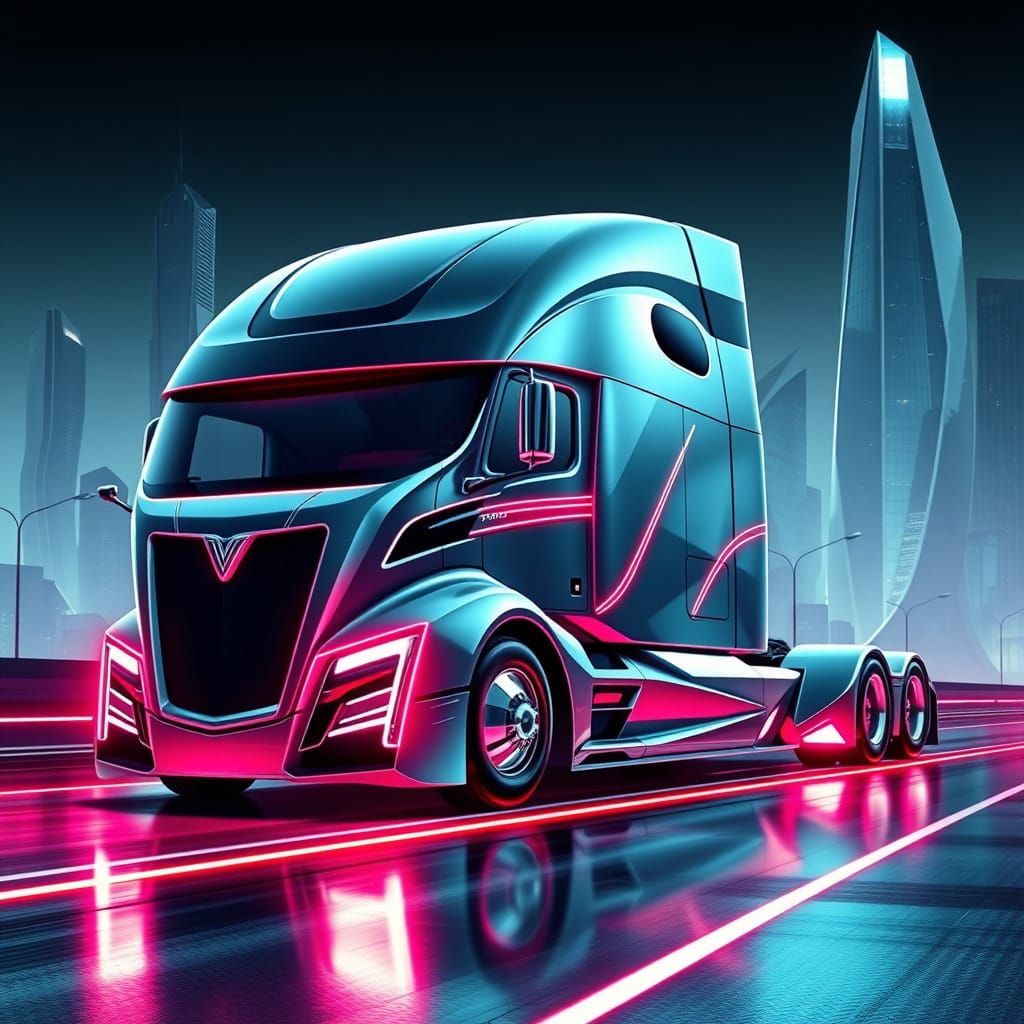 Cyberpunk Semi-Truck on Futuristic Highway