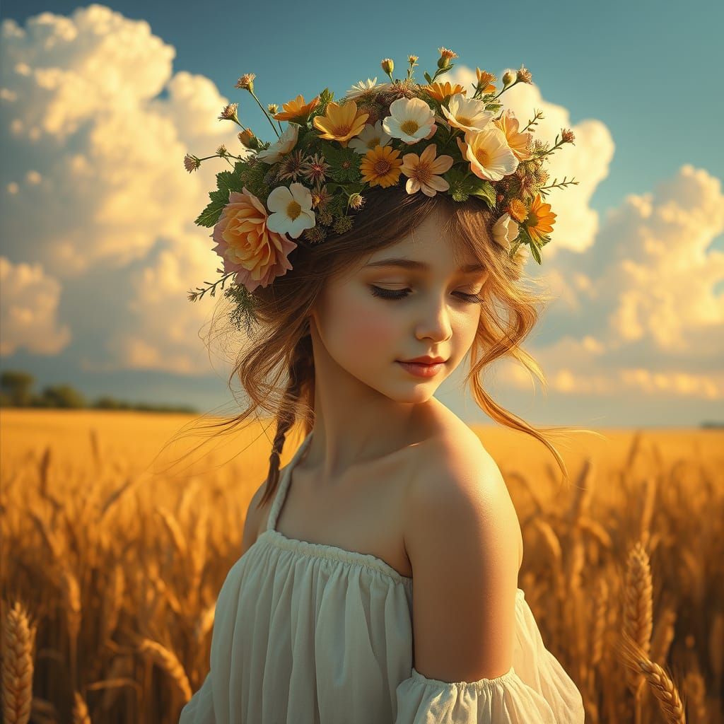 Gentle Girl in a Sunlit Wheat Field