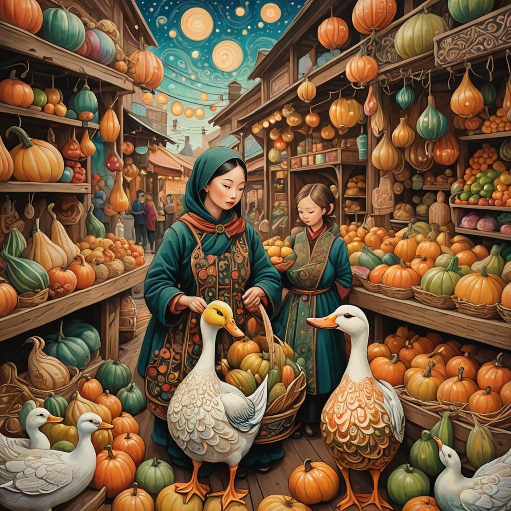 Ducks at Market Stall in Expressionist Style