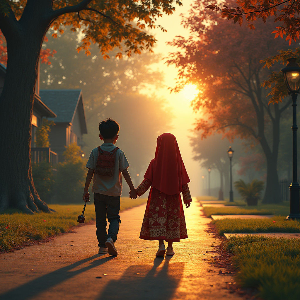 Children in Red Hijab Walk Home at Sunset