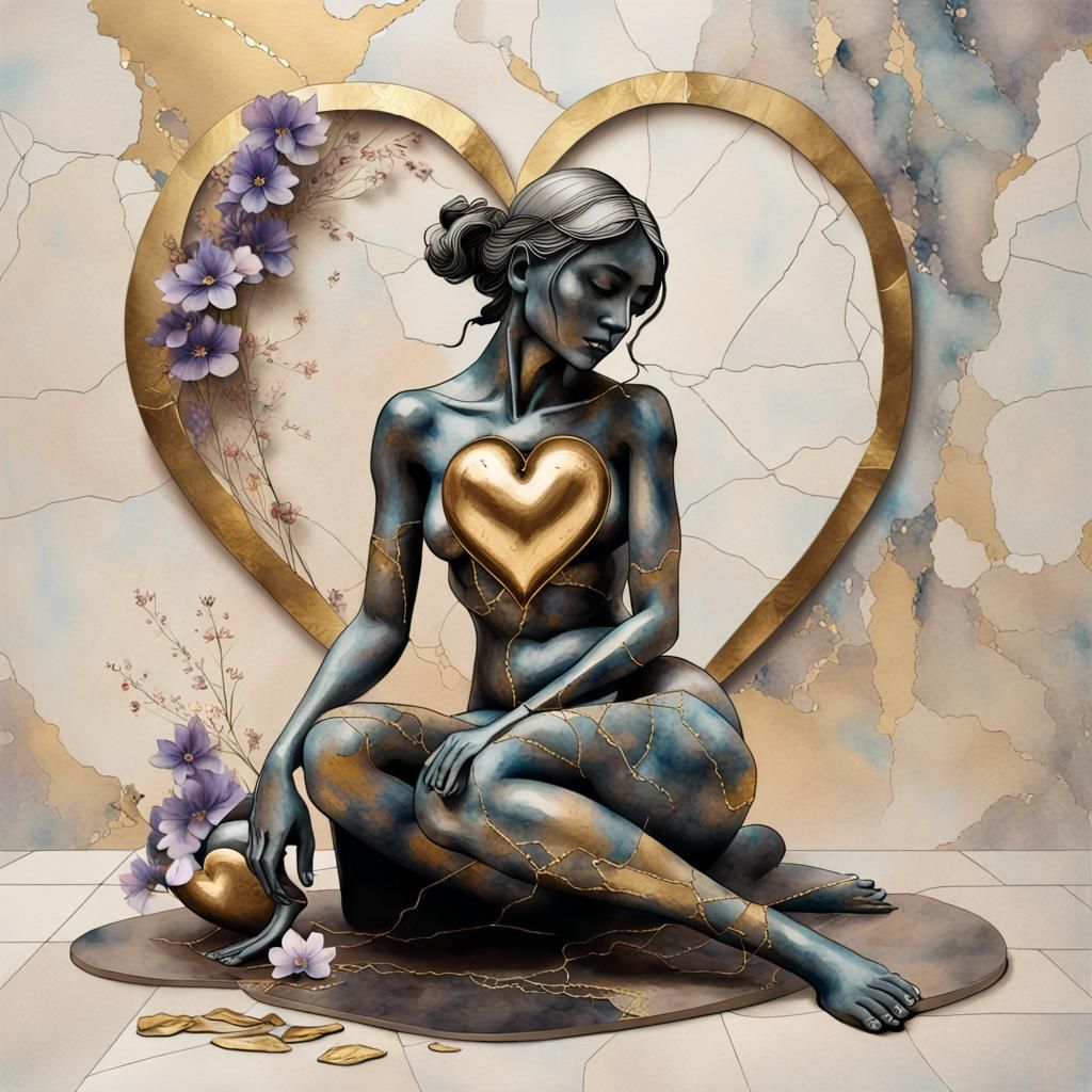 Mourning Woman Sculpture with Broken Heart