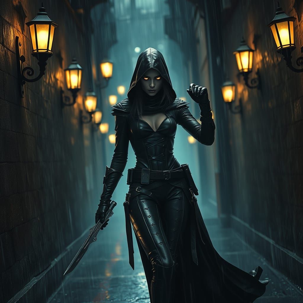 Ethereal Shadow Assassin in Rain-Slicked Alleyway