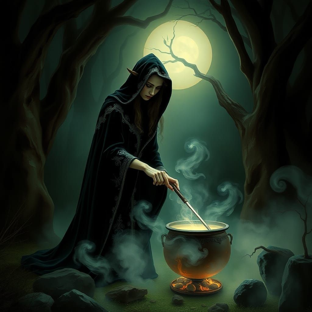 Mystical Elf Witch Stirring Cauldron in Dark Forest